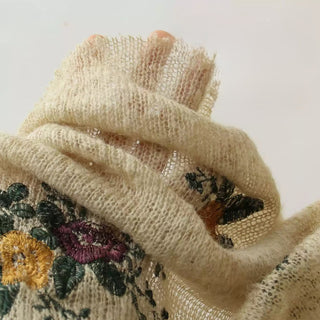 French Fashion Designer Floral Brown Stretch Open Weave / Embroidery Wool Acrylic Blended Sweater Knit DS43501