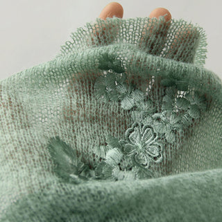 French Fashion Designer Floral Green Stretch Open Weave / Embroidery Wool Acrylic Blended Sweater Knit DS43502