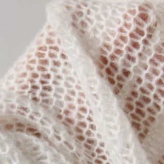 Korean Fashion Designer Solid White Stretch Open Weave Acrylic Wool Blended Sweater Knit DS43503