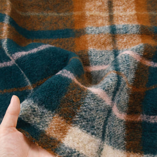 Yardblox Exclusive Made in Italy Luxury Designer Plaid Orange/Turquoise Stretch Wool Elastane Blended Knit Coating / Jacketing DS06478